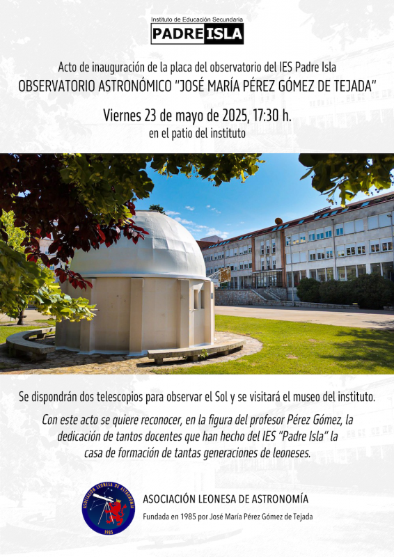 Acto de inauguración de la placa del observatorio astronomíco "José María Pérez Gómez de Tejada" en el instituto Padre Isla.