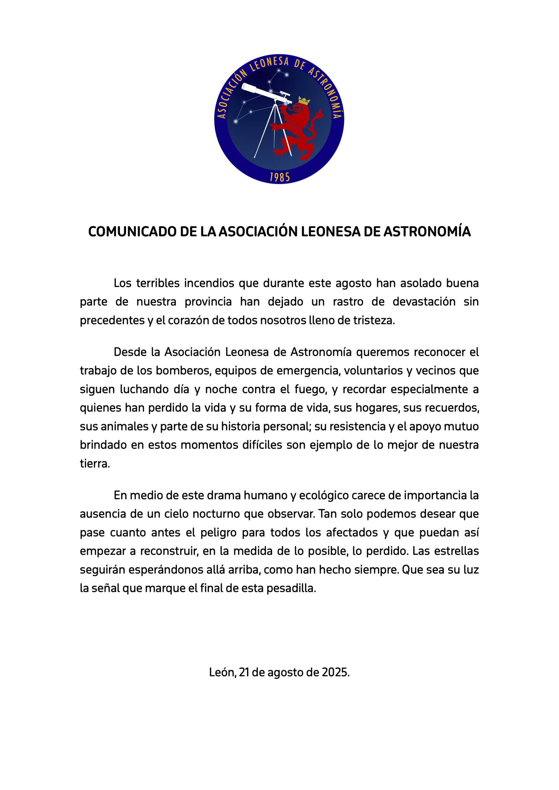 Comunicado acerca de los incendios de agosto de 2025